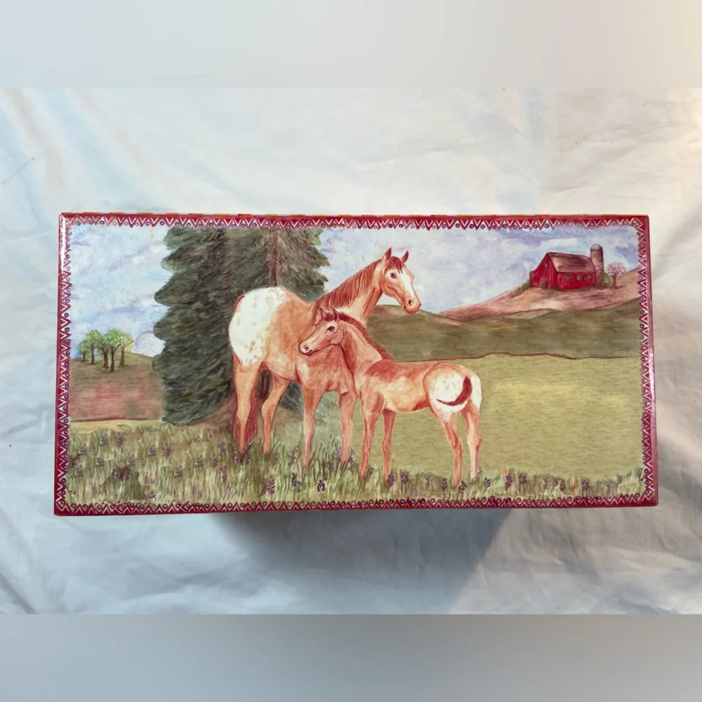 Wooden Painted Keepsake Box Horse Theme Mare and Foal Includes Mirror‎